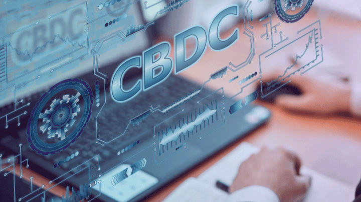 A person using their PC and CBDC logo floating over the computer