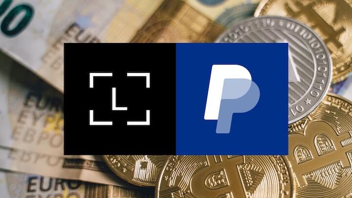 Ledger and PayPal logos and money (fiat and crypto) in the background