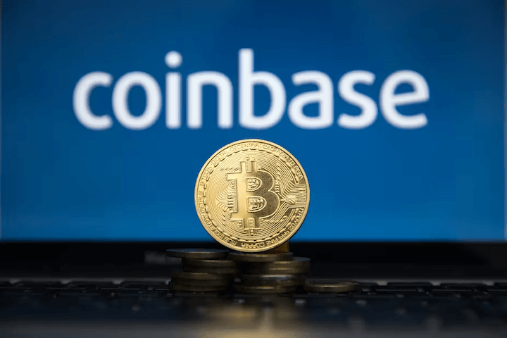 Coinbase logo and a BTC coin