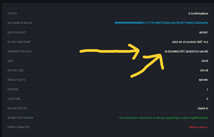 A screenshot of the document with information on transaction fees