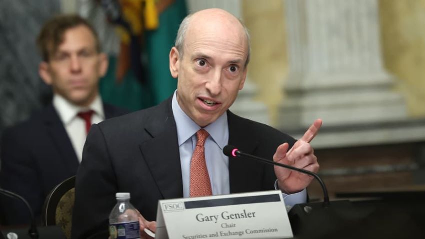 A photo of Gary Gensler during a hearing 
