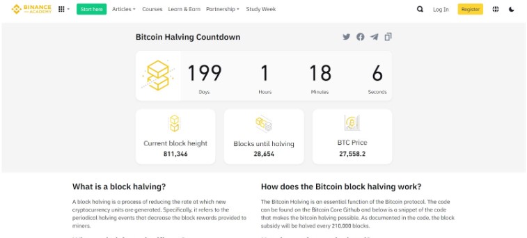 BTC halving countdown on Binance Academy 