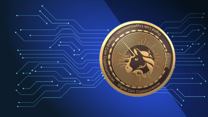 Crypto coin with Uniswap logo on blue background