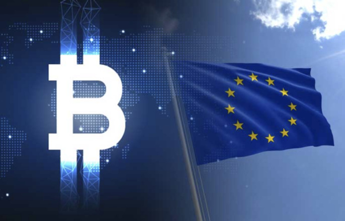 Blockchain logo next to the EU flag