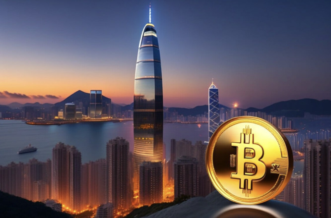 Bitcoin on the background of the image of the city