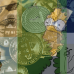 A collage of semi-transparent memes and crypto coins in the background