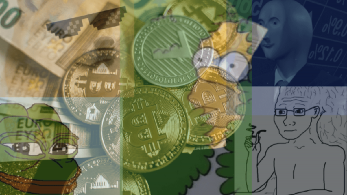 A collage of semi-transparent memes and crypto coins in the background