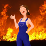Alice, the main character of the game, stands in a burning field