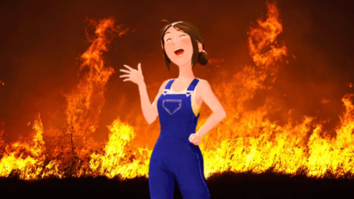 Alice, the main character of the game, stands in a burning field