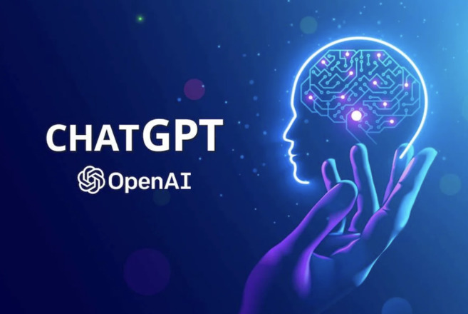 The Open AI logo next to the hand and head image