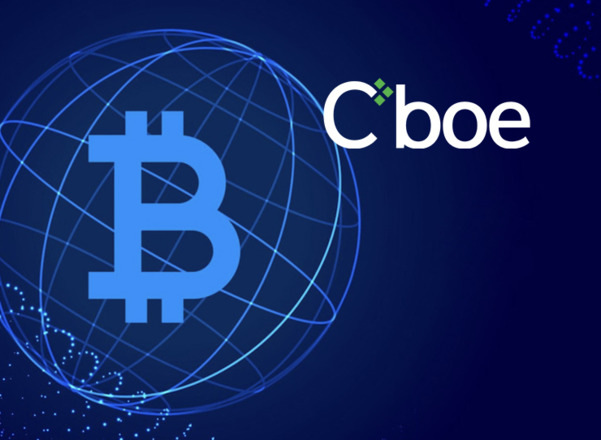 Cboe and bitcoin logos on blue background