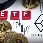 Grayscale logo, BTC coins, and red letters forming the word "ETF"