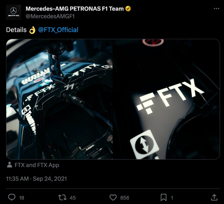 A post on Twitter (X) by the Mercedes team. There is the FTX logo on the photo