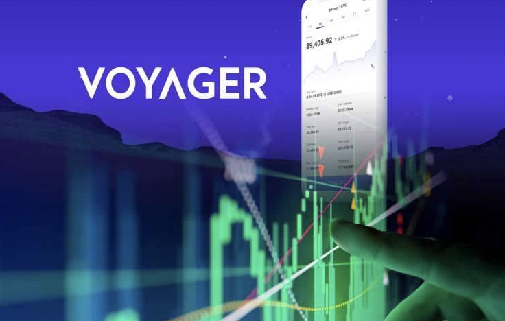 A person points to the screen with the Voyager app