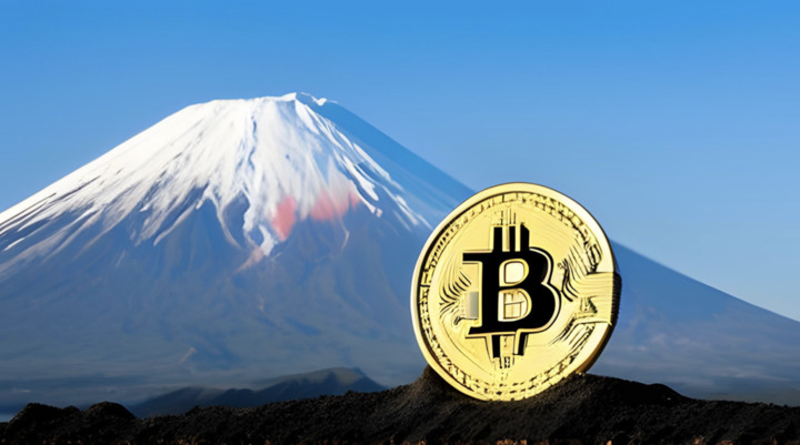 Crypto coin on the background of the volcano image