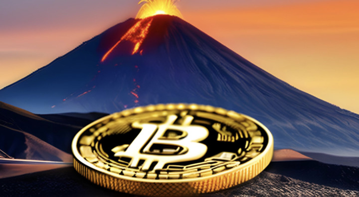 Сrypto coin against the image of a volcano