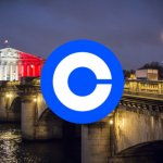 Coinbase logo and the French Parliament building in the country flag's colors